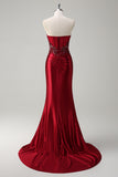 Burgundy Beaded Strapless Mermaid Prom Dress with Slit