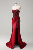 Burgundy Beaded Strapless Mermaid Prom Dress with Slit