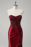 Burgundy Beaded Strapless Mermaid Prom Dress with Slit