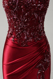 Burgundy Beaded Strapless Mermaid Prom Dress with Slit