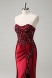 Burgundy Beaded Strapless Mermaid Prom Dress with Slit