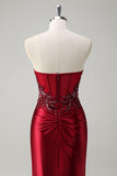 Burgundy Beaded Strapless Mermaid Prom Dress with Slit