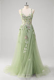 Floral A Line Green Sequined Corset Tulle Prom Dress with Slit