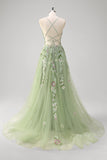 Floral A Line Green Sequined Corset Tulle Prom Dress with Slit