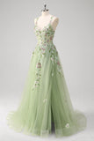 Floral A Line Green Sequined Corset Tulle Prom Dress with Slit