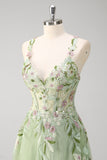 Floral A Line Green Sequined Corset Tulle Prom Dress with Slit