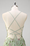 Floral A Line Green Sequined Corset Tulle Prom Dress with Slit