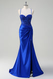 Royal Blue Mermaid Slit Ruched Satin Prom Dress with Appliques