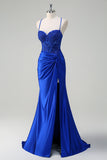 Royal Blue Mermaid Slit Ruched Satin Prom Dress with Appliques