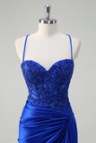 Royal Blue Mermaid Slit Ruched Satin Prom Dress with Appliques