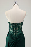 Dark Green Ruched Corset Strapless Mermaid Prom Dress with Slit