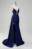 Beaded Corset Spaghetti Straps Mermaid Navy Prom Dress with Slit