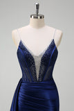 Beaded Corset Spaghetti Straps Mermaid Navy Prom Dress with Slit