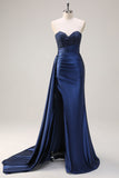 Navy Beaded Sweetheart Mermaid Prom Dress with Split