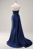 Navy Beaded Sweetheart Mermaid Prom Dress with Split