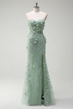 Sage Mermaid Sweetheart Floral Appliqued Long Prom Dress with Slit