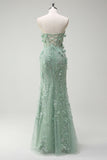 Sage Mermaid Sweetheart Floral Appliqued Long Prom Dress with Slit