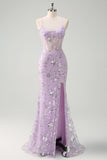 Sparkly Lilac Corset Mermaid Slit Prom Dress with Lace-up Back