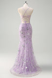 Sparkly Lilac Corset Mermaid Slit Prom Dress with Lace-up Back