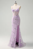 Sparkly Lilac Corset Mermaid Slit Prom Dress with Lace-up Back