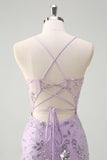 Sparkly Lilac Corset Mermaid Slit Prom Dress with Lace-up Back