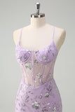 Sparkly Lilac Corset Mermaid Slit Prom Dress with Lace-up Back