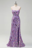 Sparkly Mermaid Slit Purple Prom Dress with Lace-up Back