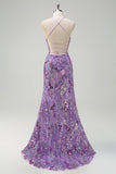 Sparkly Mermaid Slit Purple Prom Dress with Lace-up Back