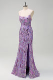 Sparkly Mermaid Slit Purple Prom Dress with Lace-up Back