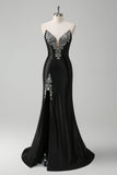 Black Mermaid V Neck Strapless Long Prom Dress with Beading