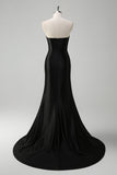 Black Mermaid V Neck Strapless Long Prom Dress with Beading