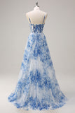 White Blue Flower A Line Corset Prom Dress with Slit