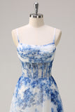 White Blue Flower A Line Corset Prom Dress with Slit