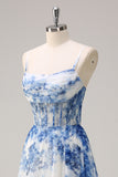 White Blue Flower A Line Corset Prom Dress with Slit