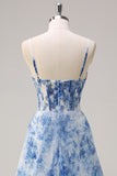 White Blue Flower A Line Corset Prom Dress with Slit