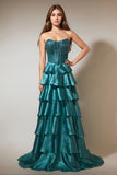 Peacock Green Beaded A Line Tiered Corset Strapless Prom Dress