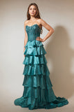 Peacock Green Beaded A Line Tiered Corset Strapless Prom Dress