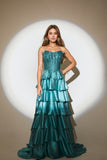 Peacock Green Beaded A Line Tiered Corset Strapless Prom Dress