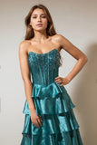 Peacock Green Beaded A Line Tiered Corset Strapless Prom Dress