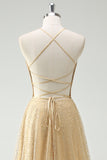 Glitter A Line Corset Gold Prom Dress with Slit