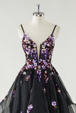 Black Sequined Corset Spaghetti Straps A Line Tulle Prom Dress