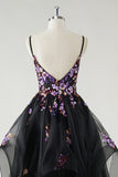 Black Sequined Corset Spaghetti Straps A Line Tulle Prom Dress