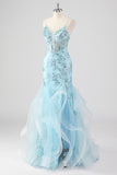 Sky Blue Mermaid Spaghetti Straps Sequin Corset Long Prom Dress with Ruffles