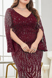 Sparkly Burgundy V Neck Maxi Dress with Split Sleeves