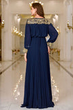 Sparkly Navy Sheath Pleated Maxi Dress with Long Sleeves