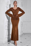 Brown Mermaid Long Sleeves Ruched Round Neck Wedding Guest Dress