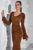 Brown Mermaid Long Sleeves Ruched Round Neck Wedding Guest Dress