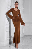 Brown Mermaid Long Sleeves Ruched Round Neck Wedding Guest Dress