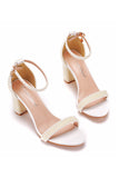 Ivory Open Toe Chunky Heel Shoes with Pearls