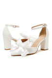 White Bow Pointed Side Hollow High Heels